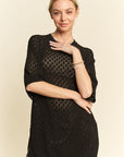 Davi & Dani Side Slit Openwork Round Neck Half Sleeve Knit Cover Up