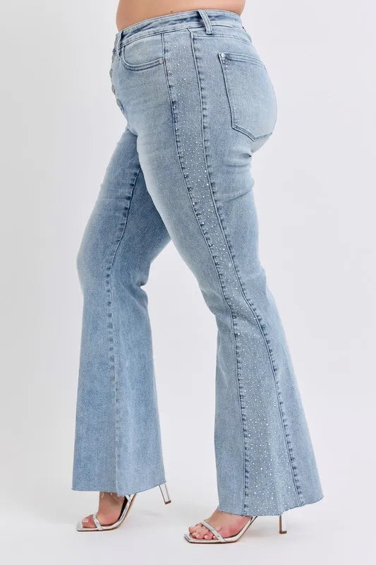 Judy Blue Full Size Midi Rise Rhinestone Side Panel Detail Flare Jeans Plus Size