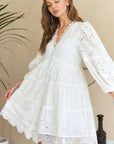 ADORA Lace Detail Tiered Eyelet V-Neck Babydoll Dress