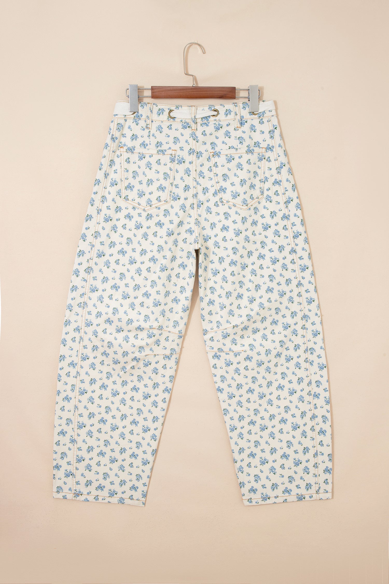 Floral Grommet Knot Waist Barrel Leg Jeans