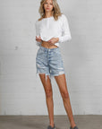 Denim Lab USA High Rise Midi Destroyed Shorts