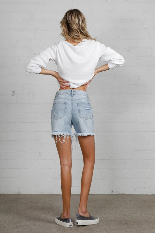 Denim Lab USA High Rise Midi Destroyed Shorts