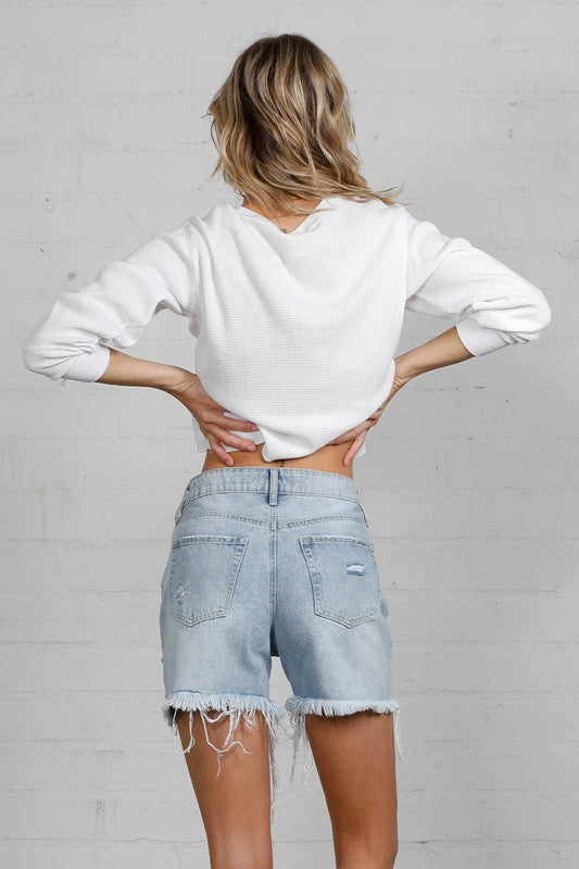 Denim Lab USA High Rise Midi Destroyed Shorts