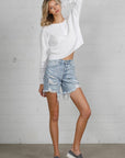 Denim Lab USA High Rise Midi Destroyed Shorts