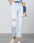 Denim Lab USA High Waist Ripped Raw Hem Crop Straight Jeans