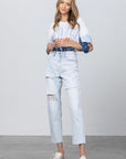 Denim Lab USA High Waist Ripped Raw Hem Crop Straight Jeans