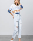 Denim Lab USA High Waist Ripped Raw Hem Crop Straight Jeans