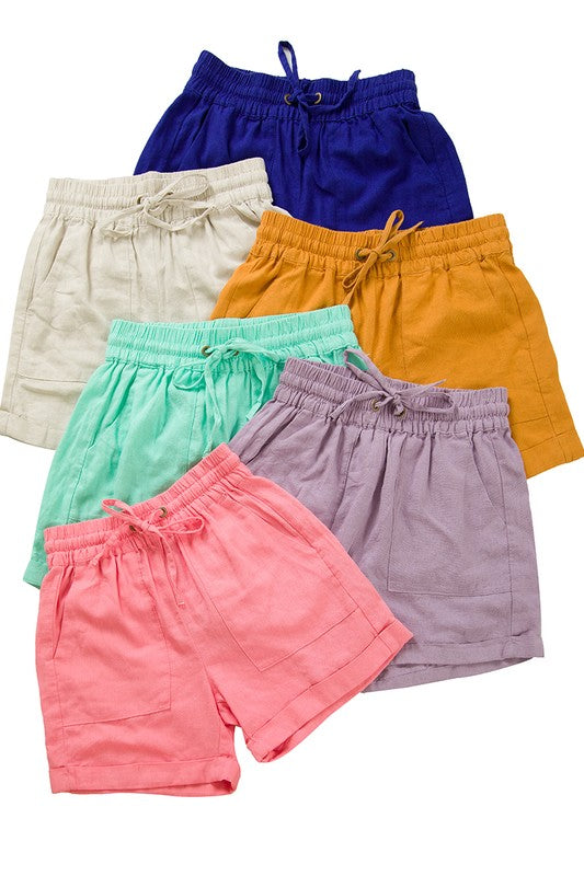 Zenana Linen Drawstring Waist Shorts with Pockets