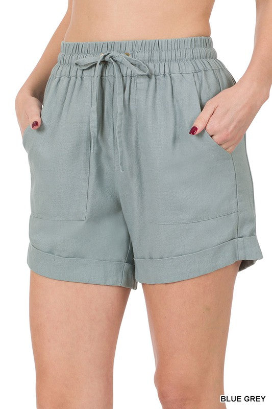 Zenana Linen Drawstring Waist Shorts with Pockets