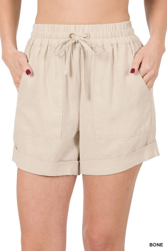 Zenana Linen Drawstring Waist Shorts with Pockets - Online Only