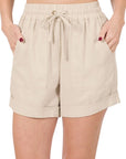 Zenana Linen Drawstring Waist Shorts with Pockets - Online Only