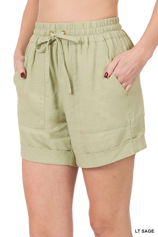 Zenana Linen Drawstring Waist Shorts with Pockets - Online Only