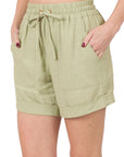 Zenana Linen Drawstring Waist Shorts with Pockets - Online Only