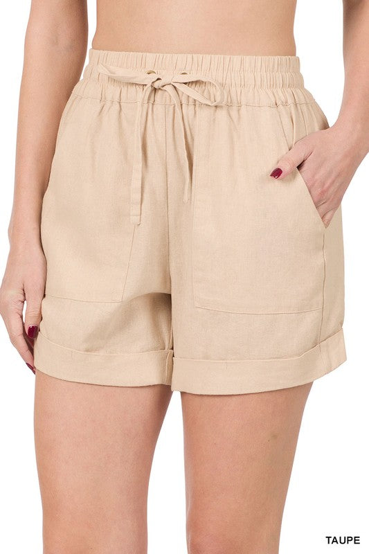 Zenana Linen Drawstring Waist Shorts with Pockets