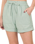 Zenana Linen Drawstring Waist Shorts with Pockets - Online Only