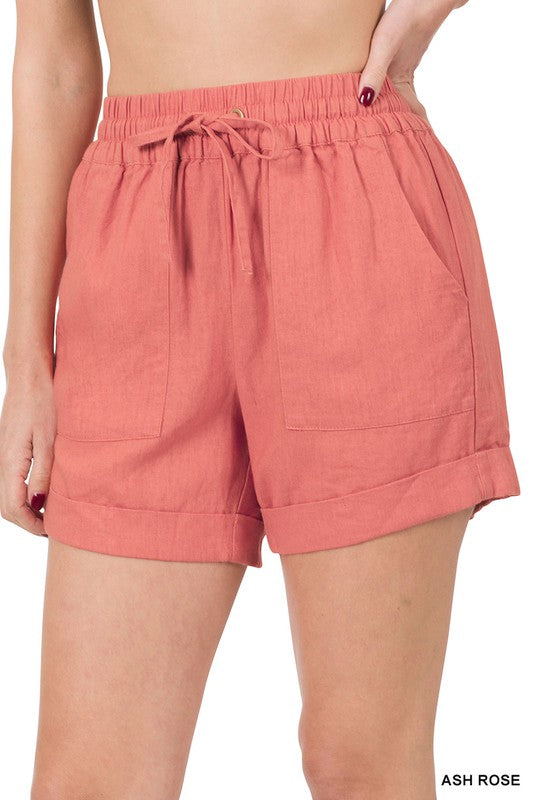 Zenana Linen Drawstring Waist Shorts with Pockets