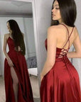 La Scala Open Side Back Spaghetti Tie Satin Gown