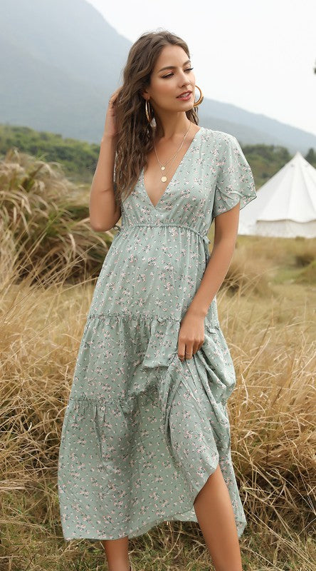 Miss Sparkling V-neck Floral Tiered Midi Dress