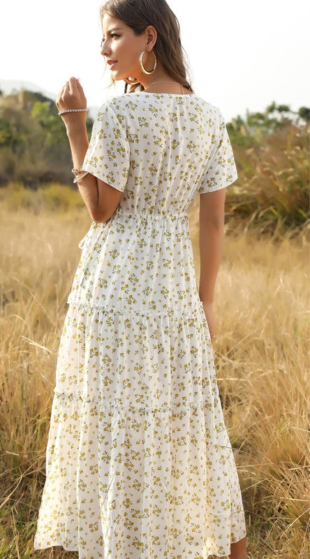 Miss Sparkling V-neck Floral Tiered Midi Dress