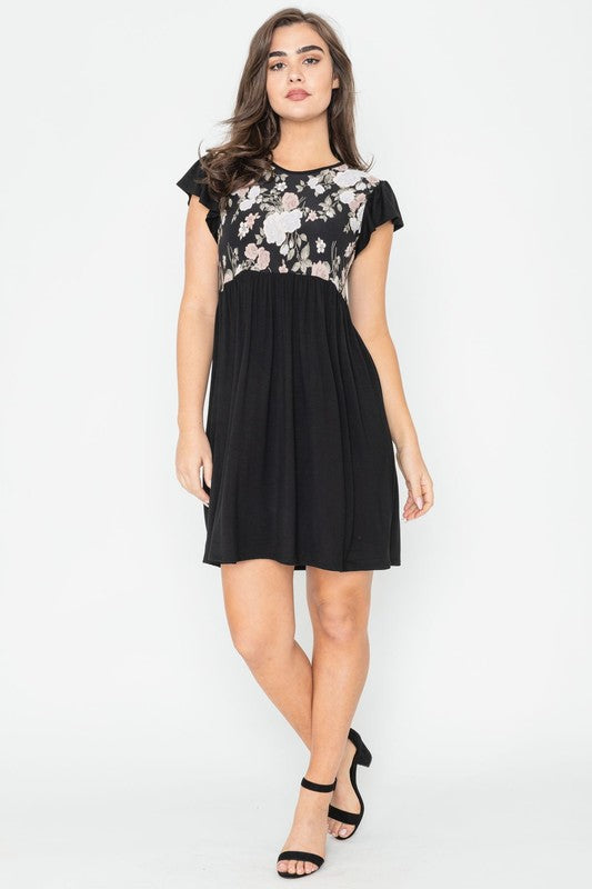 PLUS Flutter Sleeve Rose Floral Mini Dress