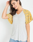 V Neck Stripe Floral Sleeve Tunic