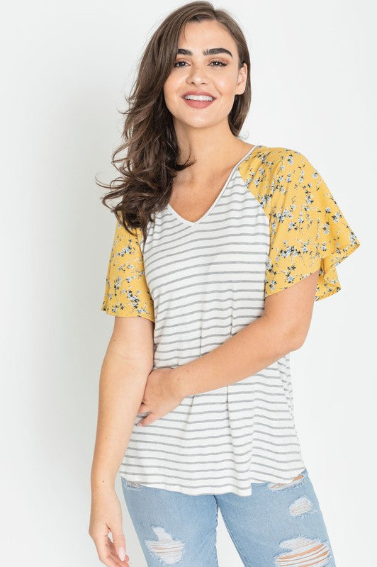 V Neck Stripe Floral Sleeve Tunic