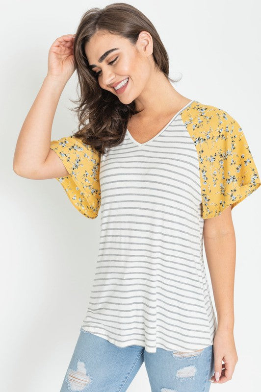 V Neck Stripe Floral Sleeve Tunic