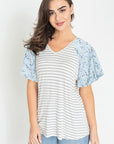 V Neck Stripe Floral Sleeve Tunic