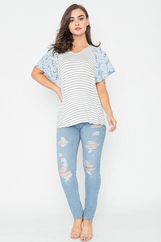 V Neck Stripe Floral Sleeve Tunic