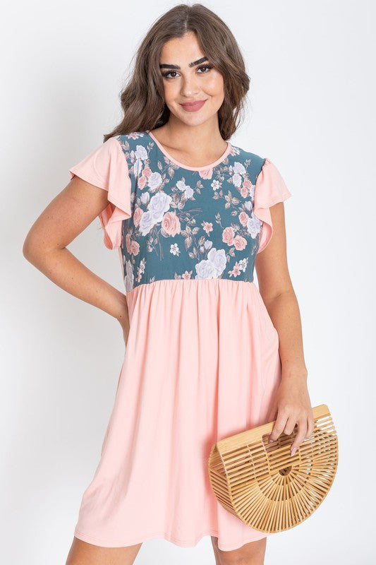 PLUS Flutter Sleeve Rose Floral Mini Dress