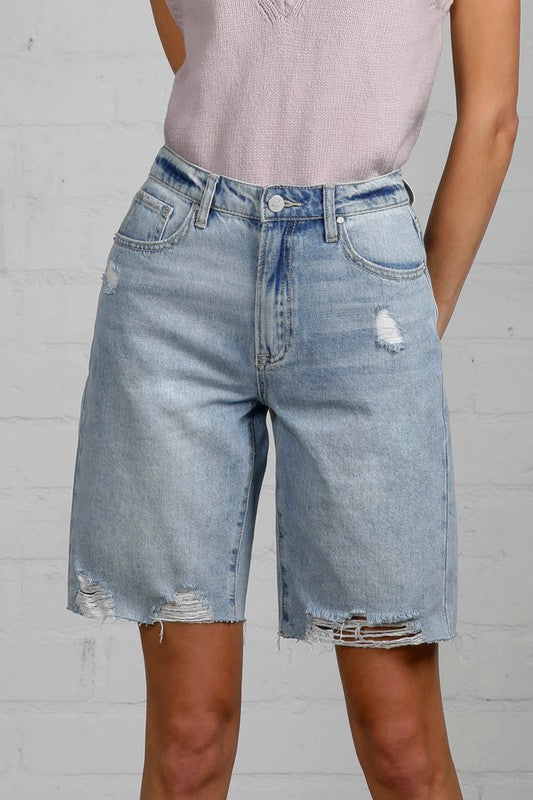 Sz L Insane Gene High Rise Bottom Hem Distressed Bermuda Shorts