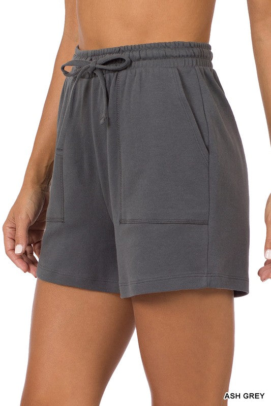 Zenana Cotton Drawstring Shorts in Teal, Bone, Ash Grey