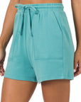 Zenana Cotton Drawstring Shorts in Teal, Bone, Ash Grey - Online Only