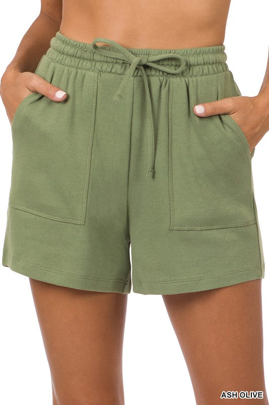 Zenana Cotton Drawstring Shorts in Teal, Bone, Ash Grey