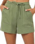 Zenana Cotton Drawstring Shorts in Teal, Bone, Ash Grey - Online Only