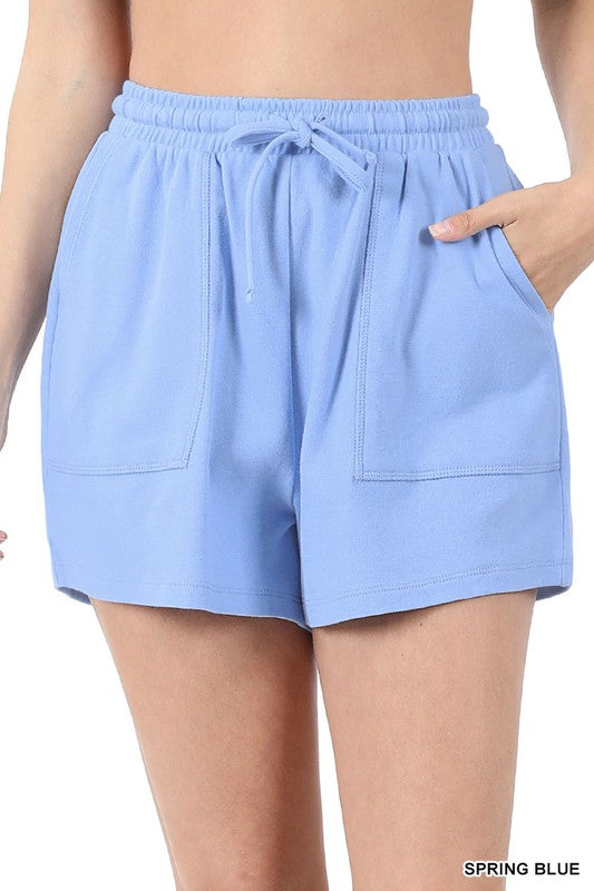 Zenana Cotton Drawstring Shorts in Teal, Bone, Ash Grey