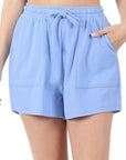 Zenana Cotton Drawstring Shorts in Teal, Bone, Ash Grey - Online Only