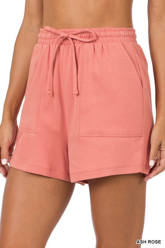 Zenana Cotton Drawstring Shorts in Teal, Bone, Ash Grey - Online Only