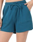 Zenana Cotton Drawstring Shorts in Teal, Bone, Ash Grey - Online Only