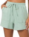 Zenana Cotton Drawstring Shorts in Teal, Bone, Ash Grey - My Pampered Life Seattle