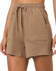 Zenana Cotton Drawstring Shorts in Teal, Bone, Ash Grey - My Pampered Life Seattle