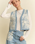 Davi & Dani Lace Patch Open Front Denim Vest