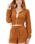 Zenana Loop Terry Zip Up Cropped Hoodie and Matching Shorts