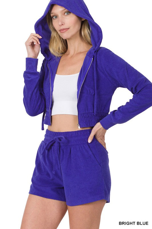 Zenana Loop Terry Zip Up Cropped Hoodie and Matching Shorts