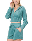 Zenana Loop Terry Zip Up Cropped Hoodie and Matching Shorts - My Pampered Life Seattle