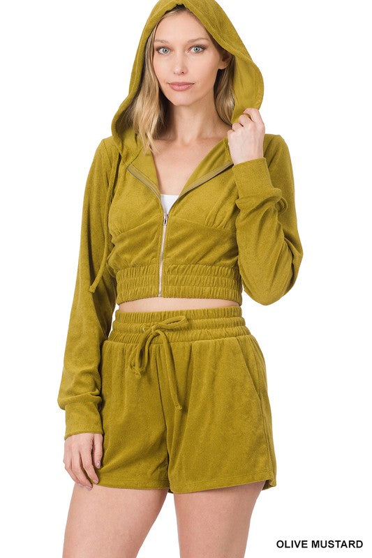 Zenana Loop Terry Zip Up Cropped Hoodie and Matching Shorts