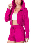 Zenana Loop Terry Zip Up Cropped Hoodie and Matching Shorts