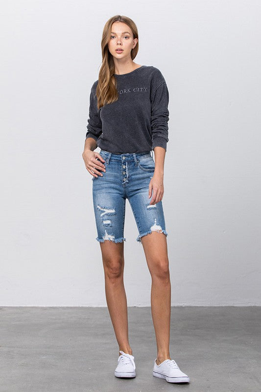 Denim Lab USA Frayed Raw Hem Ripped Bermuda Shorts