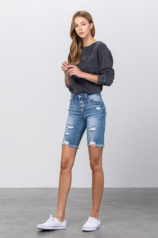 Denim Lab USA Frayed Raw Hem Ripped Bermuda Shorts