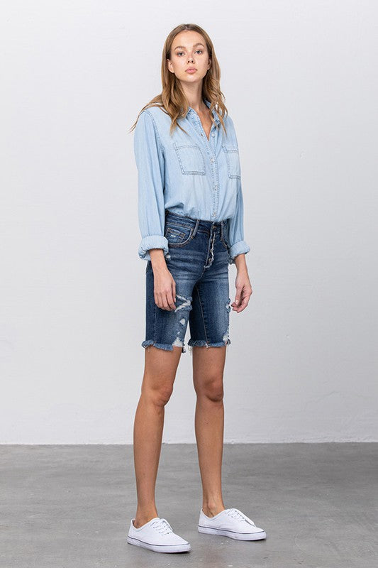 Denim Lab USA Frayed Raw Hem Ripped Bermuda Shorts